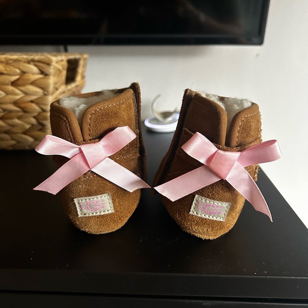 UGG Baby Tan Booties with Pink Ribbon